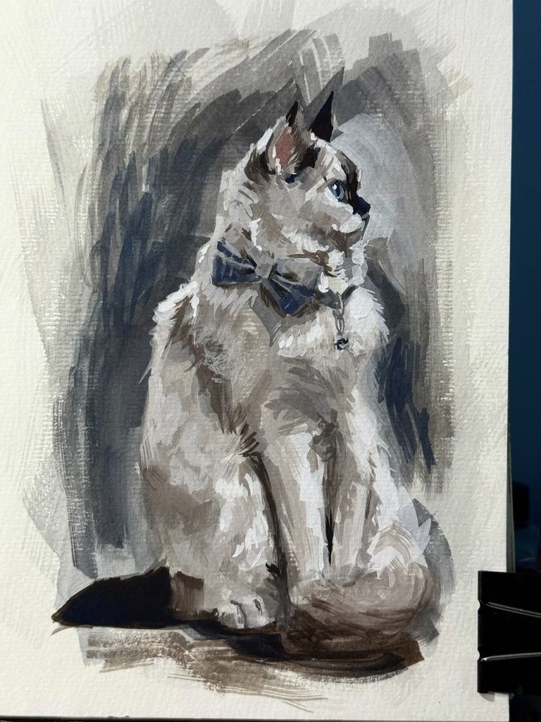 A painting from the cat series, showing a fluffy cat wearing a bow tie