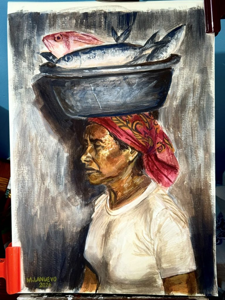 A watercolor painting of a fisherfolk carrying a basin of fish on her head, the piece sold at the mini-penmeet