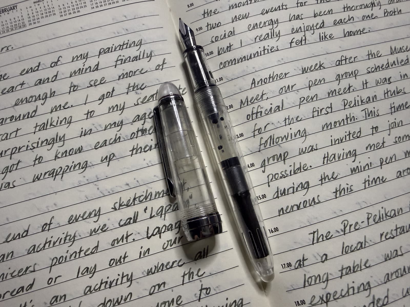 Two fountain pens resting on handwritten journal pages about finding a local fountain pen community