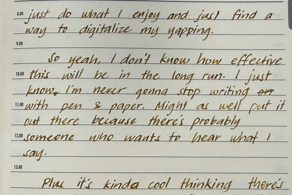 Handwritten journal page in brown fountain pen ink, part of the draft for this blog post